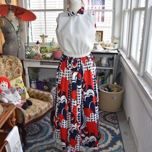 Vintage 70s Patriotic Maxi Dress S Red White Blue Mod Talon Zip Heavy Knit Small